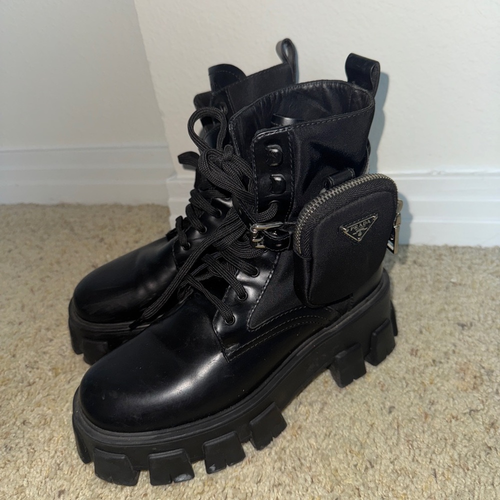 Prada Monolith Leather Boots with Pouches